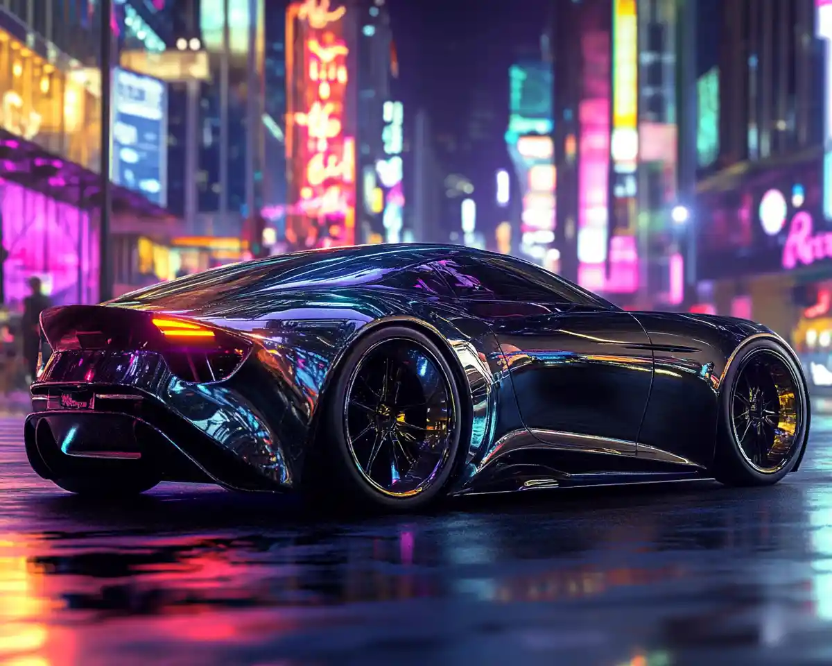 Auto di lusso in una strada cittadina illuminata al neon di notte