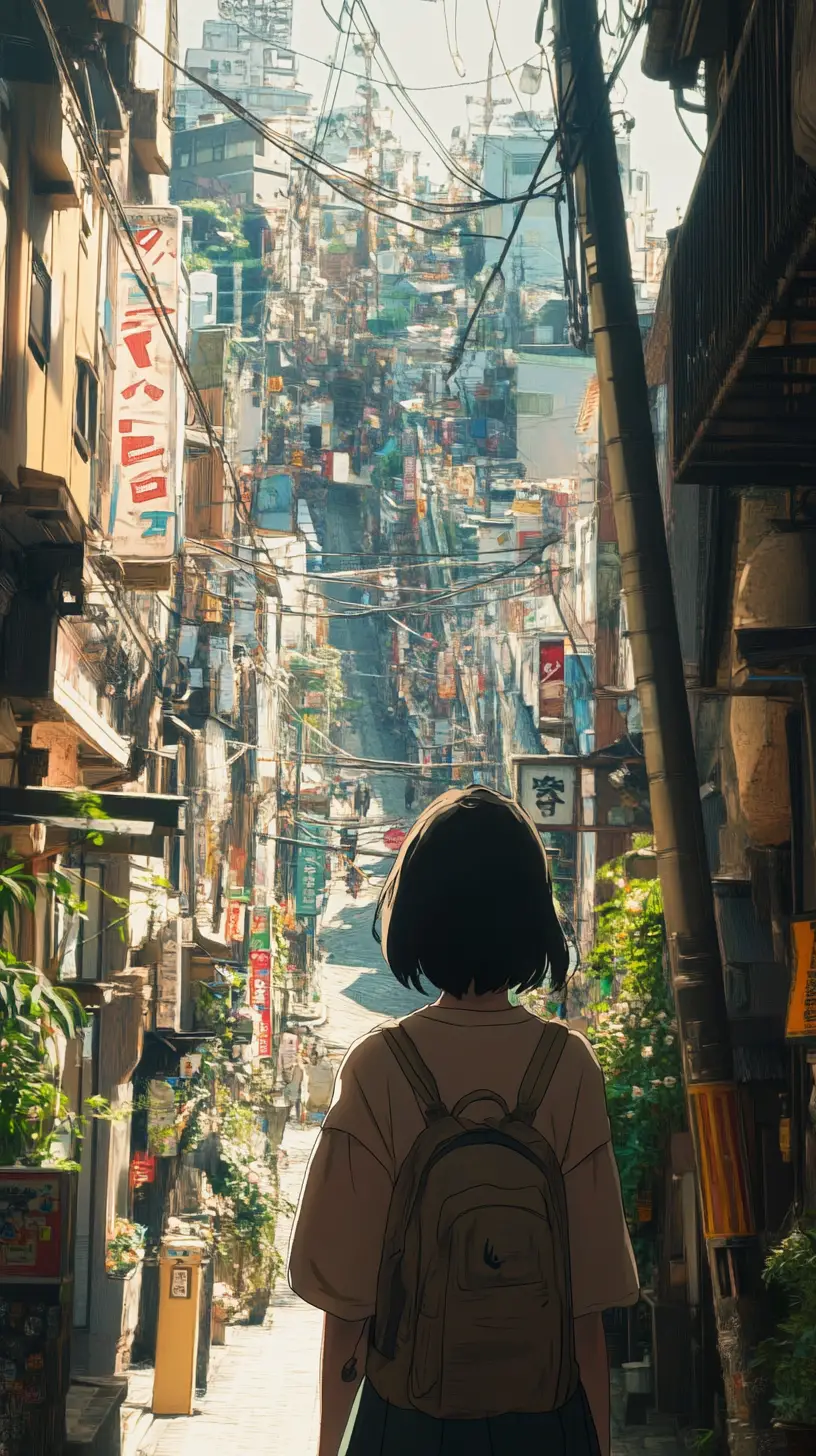 Fille d’anime marchant dans une vieille rue japonaise ensoleillée
