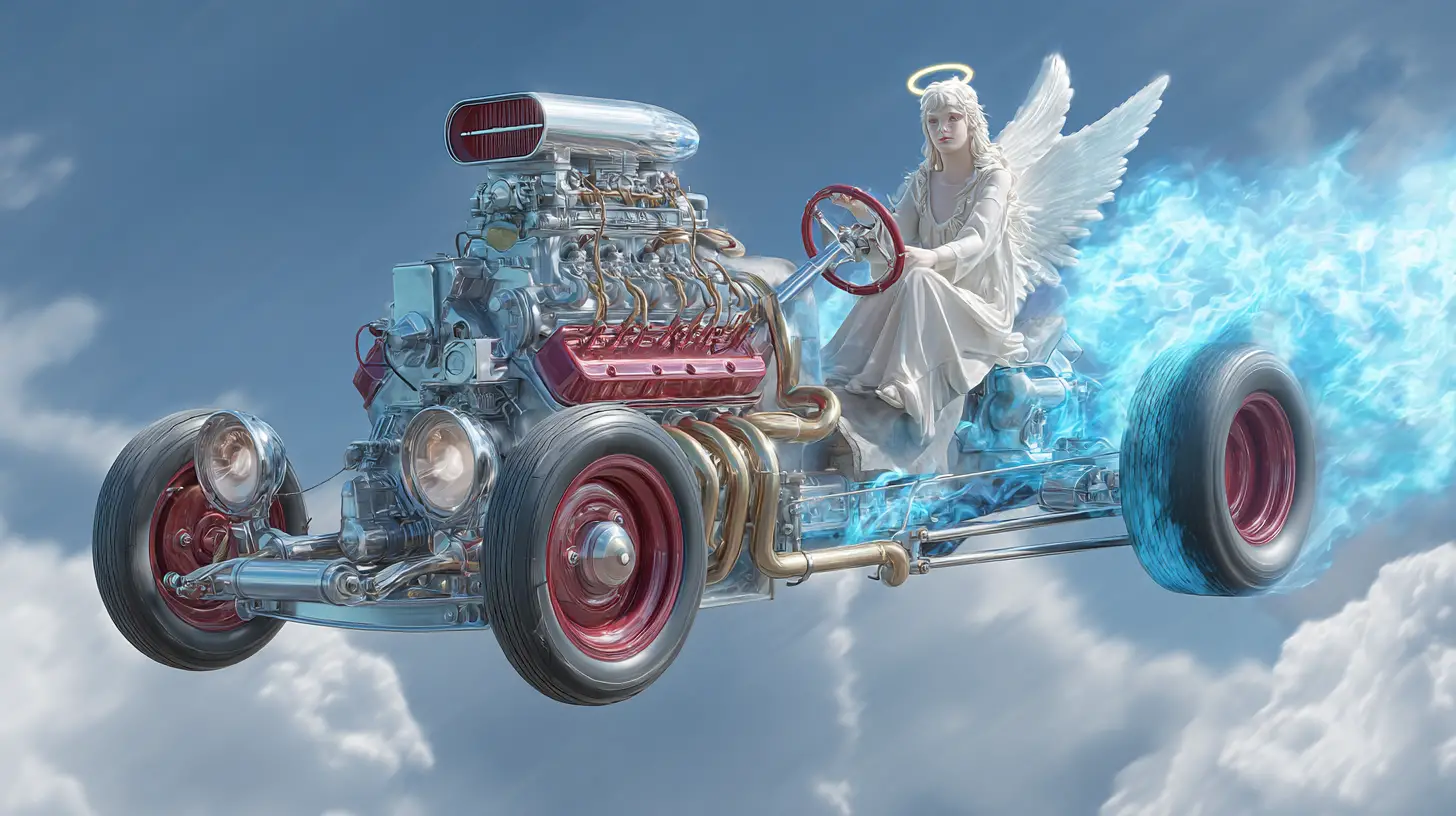 Moteur V8 angélique avec femme ange sur une autoroute céleste