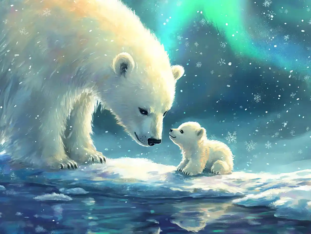 Watercolor polar bear cub reaching for its loving mother