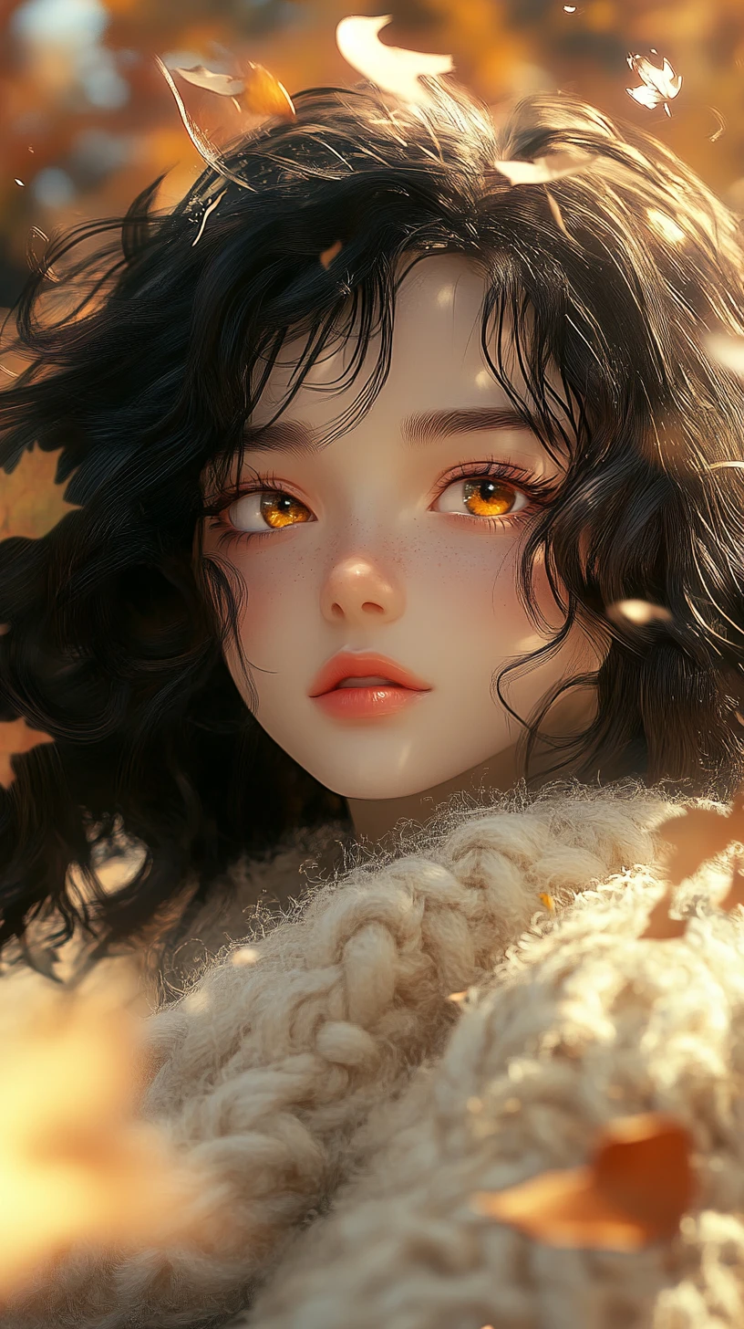 Shy anime girl behind cozy sleeves in falling autumn leaves