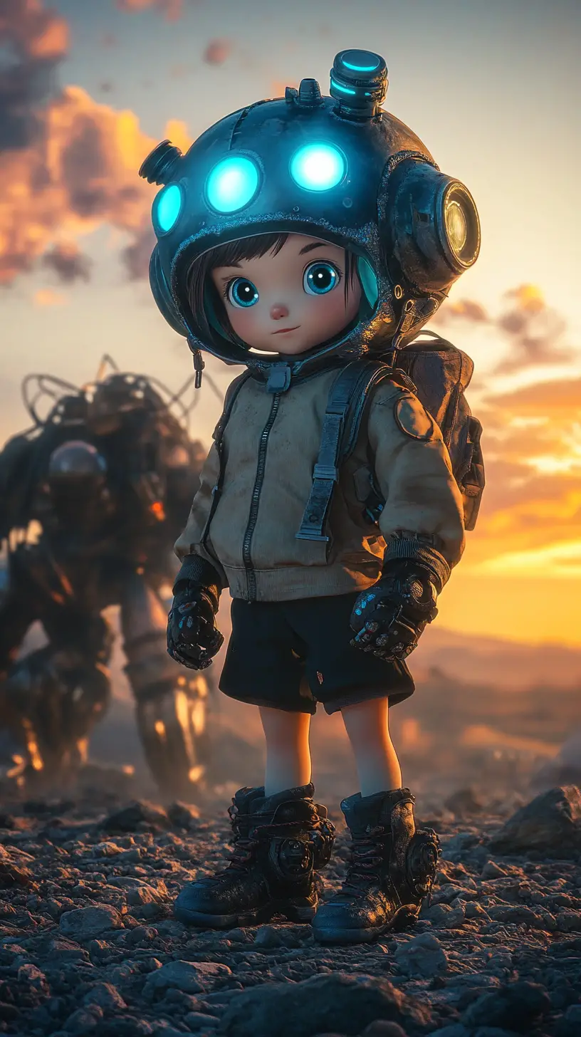 末日般發光天空下的少女與機器人
