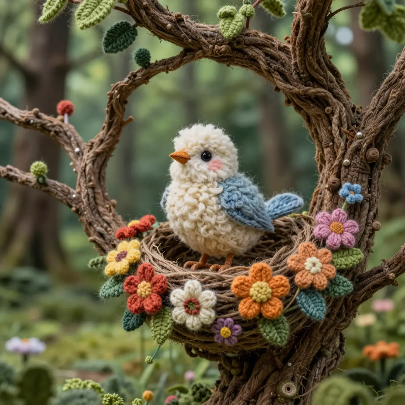 Oiseau en laine fantaisiste dans une cabane douillette au cœur de la forêt