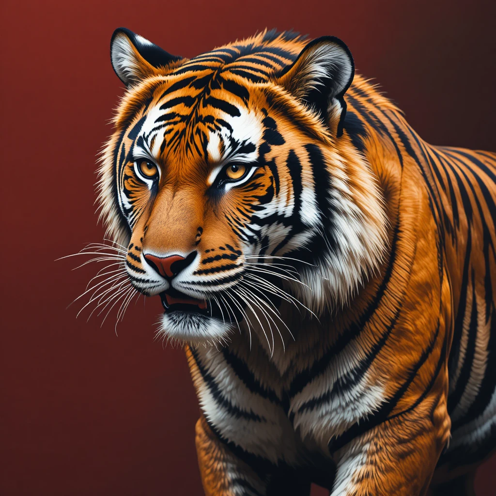 Puissant portrait de tigre sur fond cramoisi sombre