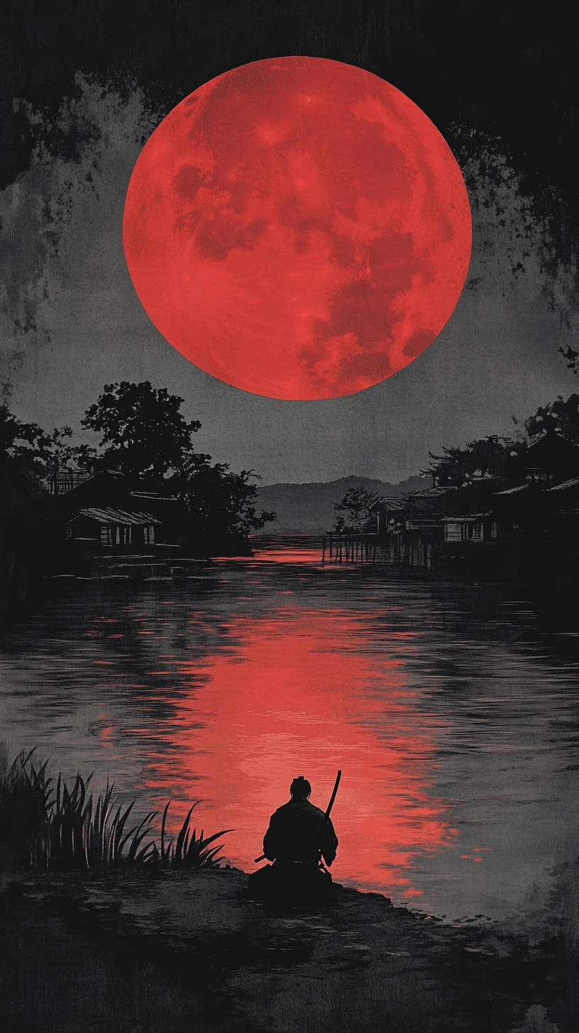 Samurai in ginocchio presso un lago al chiaro di luna in un villaggio in rovina
