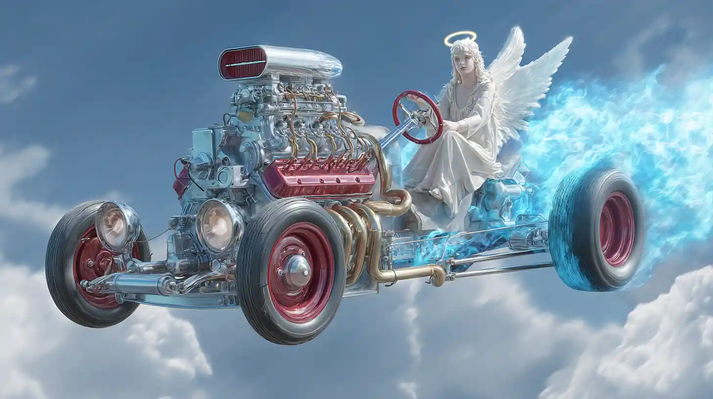 Motore V8 angelico con donna angelo su un'autostrada celestiale