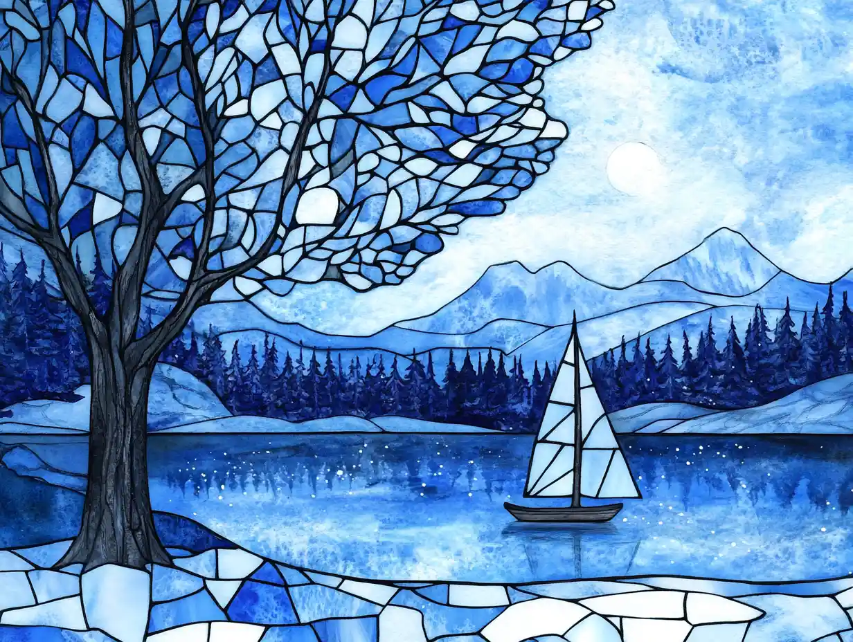 Blue stained glass style winter tree beside icy lake