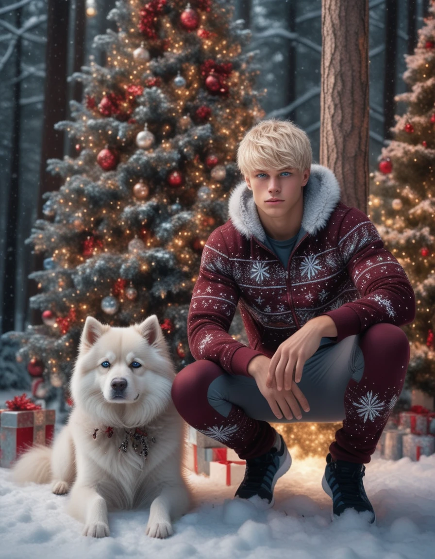 Tanned blond teen man by Christmas tree in forest