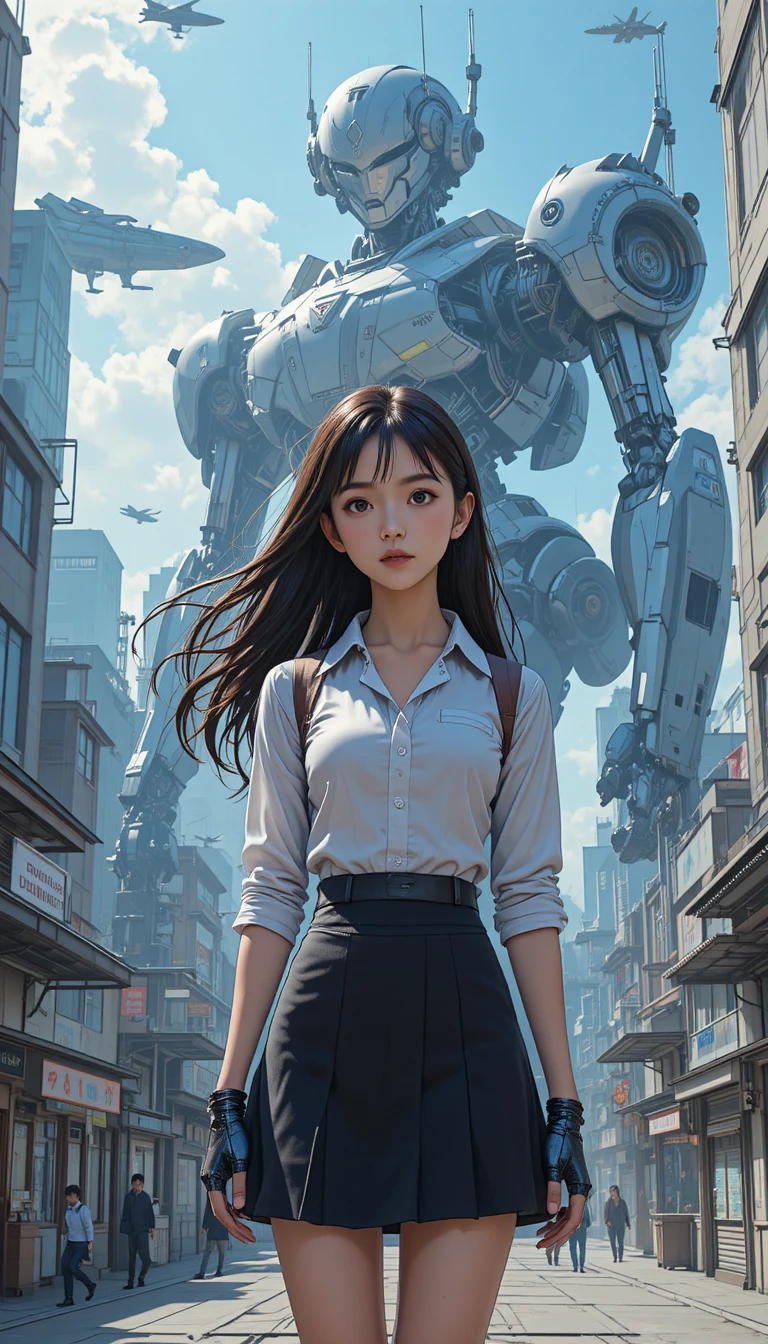 公共中庭中擁有飄逸長髮的動漫風女學生