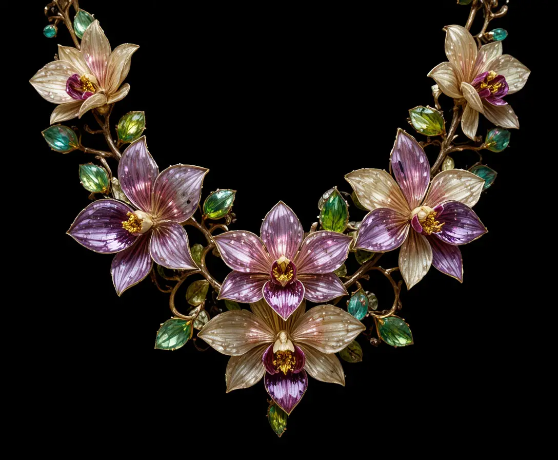 Collana di orchidea in oro con gemme vista dall’alto su sfondo nero
