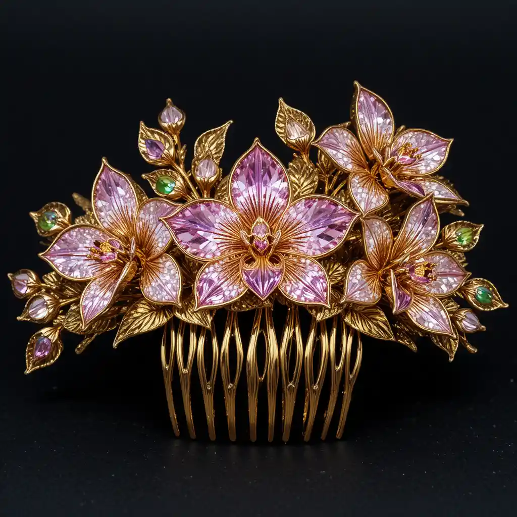 Gold orchid hair comb with colorful gemstone flowers