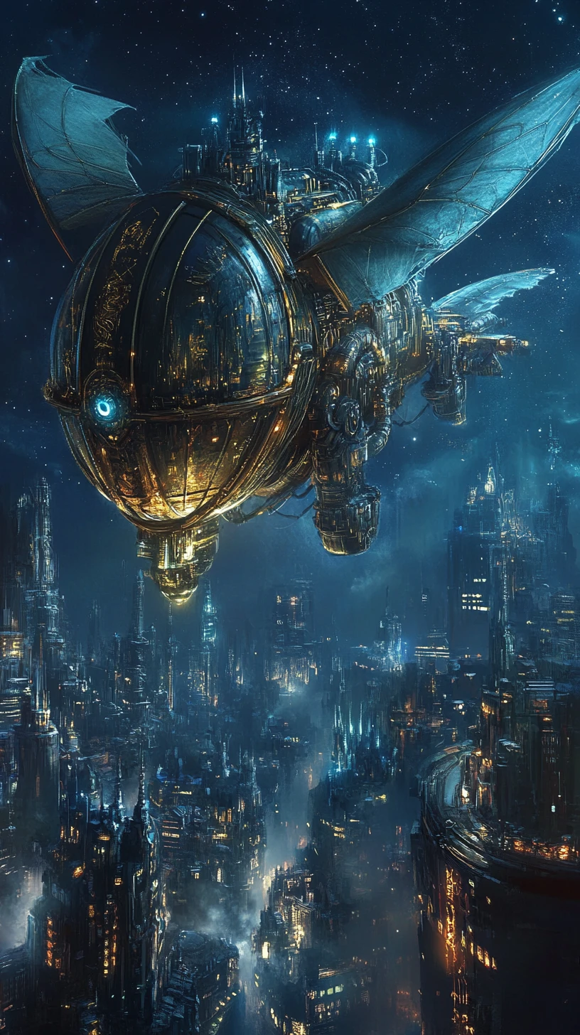 Futuristisches Drachen-Luftschiff über dunkler Cyberpunk-Stadt