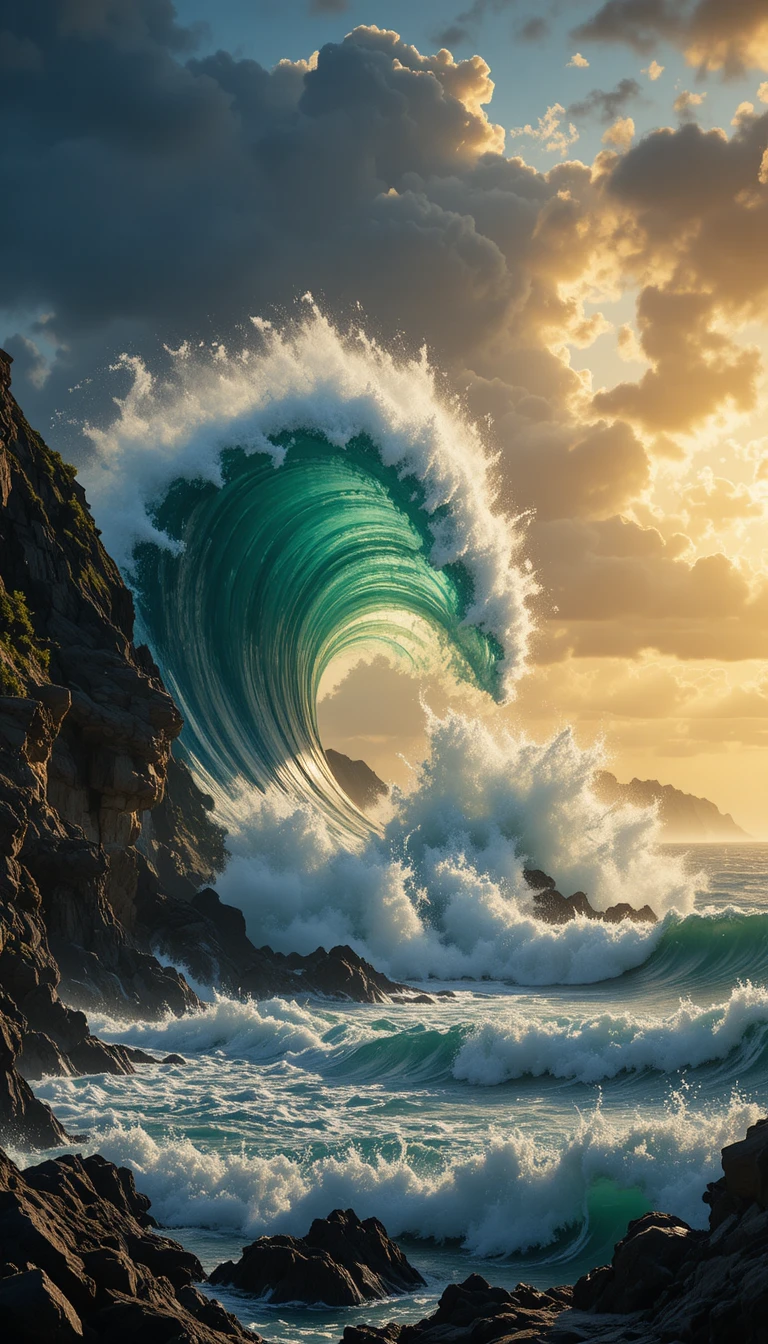 Colossal rogue wave smashing into sunlit sea cliffs