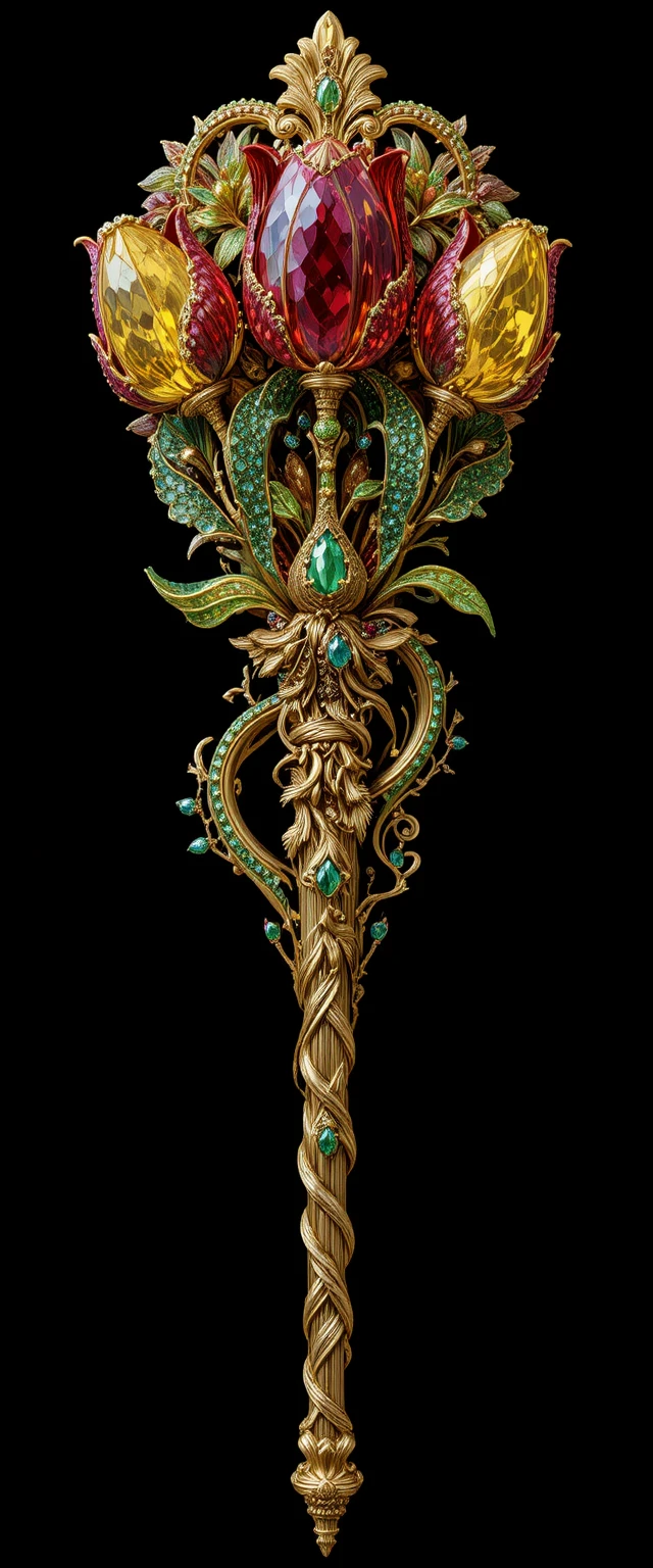 Sceptre tulipe serti de pierres précieuses avec poignée dorée ornée sur fond noir