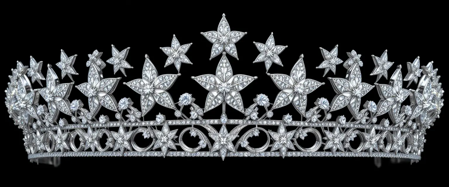 Weißgoldenes Diadem mit Diamantsternen auf schwarzem Hintergrund