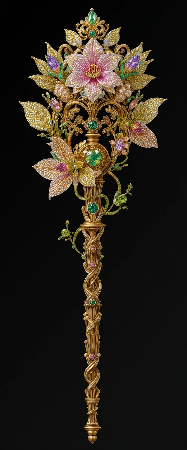 Sceptre doré serti de joyaux avec fleurs de freesia en gemmes sur fond noir