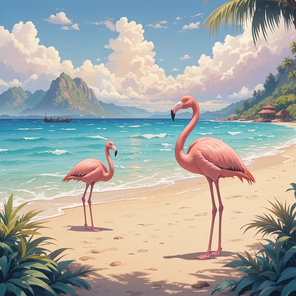 Praia dos sonhos em estilo anime com elegantes flamingos cor-de-rosa na beira do mar