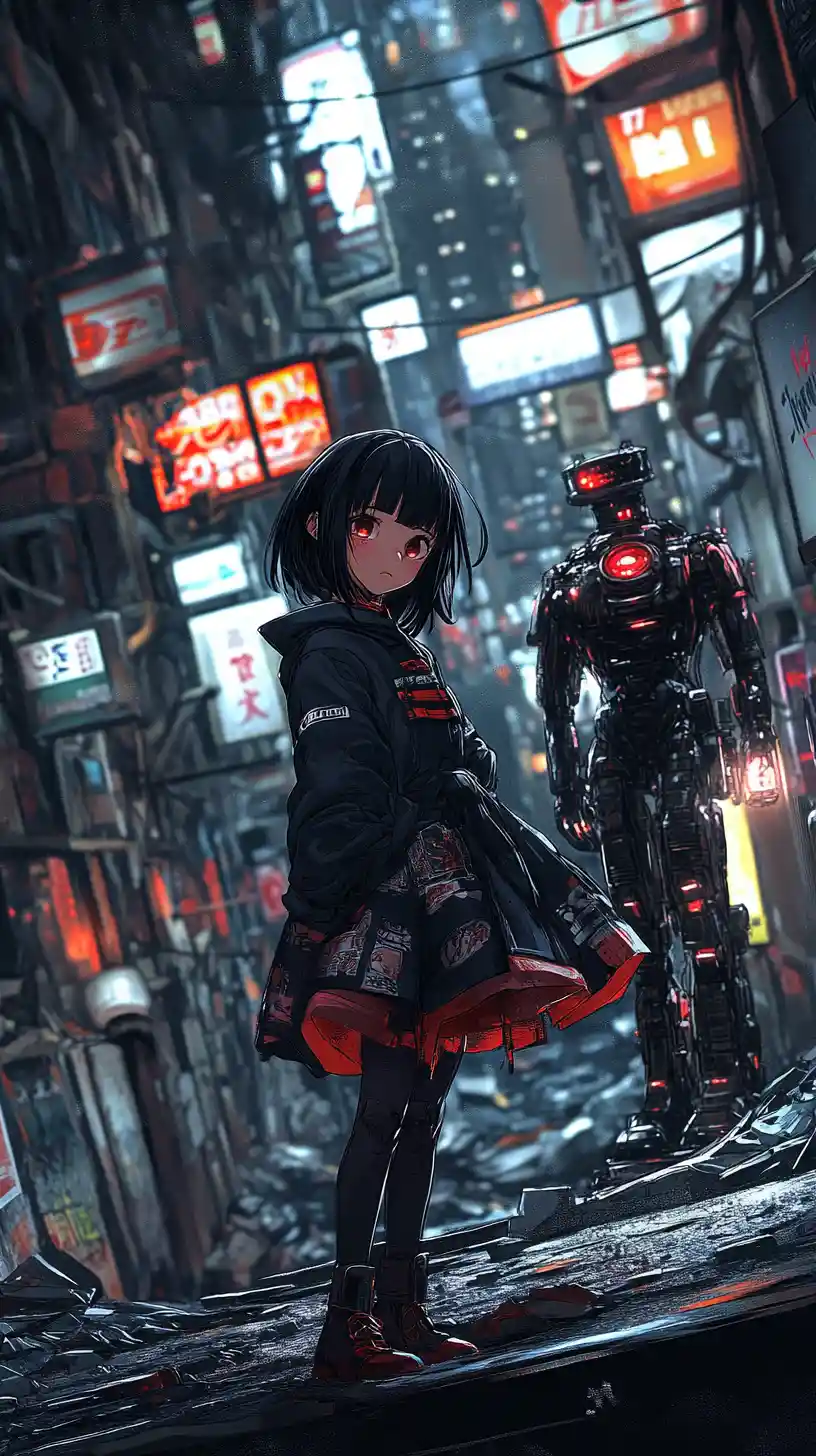 站在未來感廣場廢墟中的哭泣動漫少女