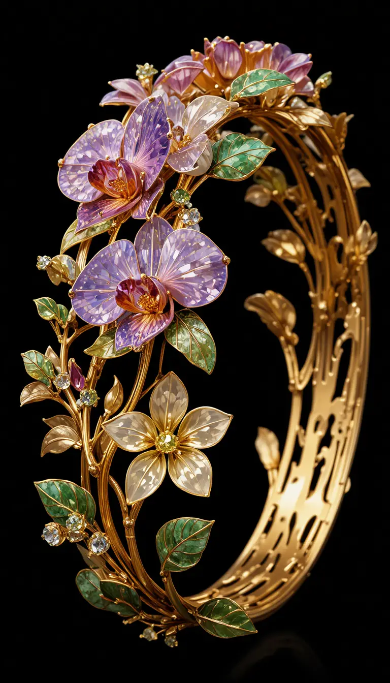 Goldarmband mit Orchideenmotiv und bunten Edelsteinblüten
