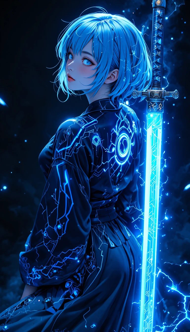 Cyber-Anime-Mädchen mit himmlischer Katana und leuchtenden Augen