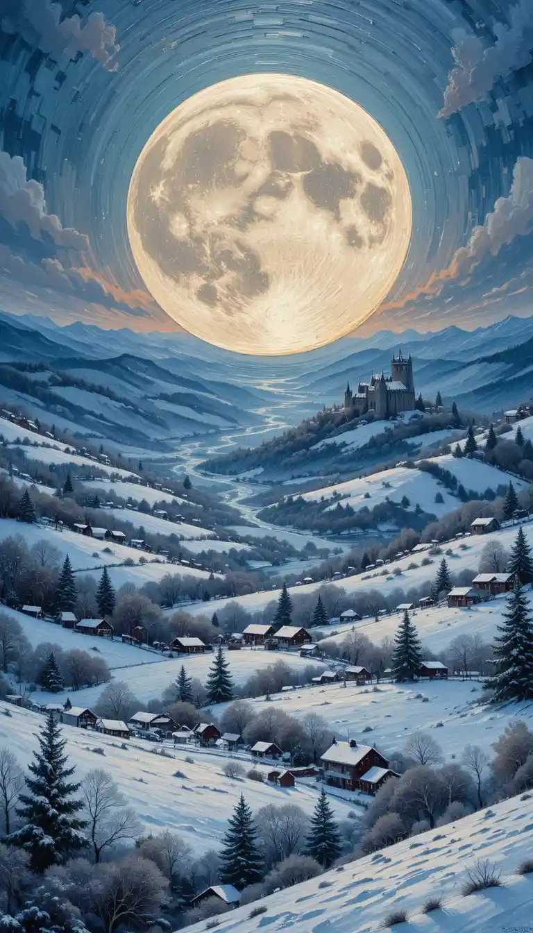 Colline e fiumi invernali sotto una luminosa superluna piena