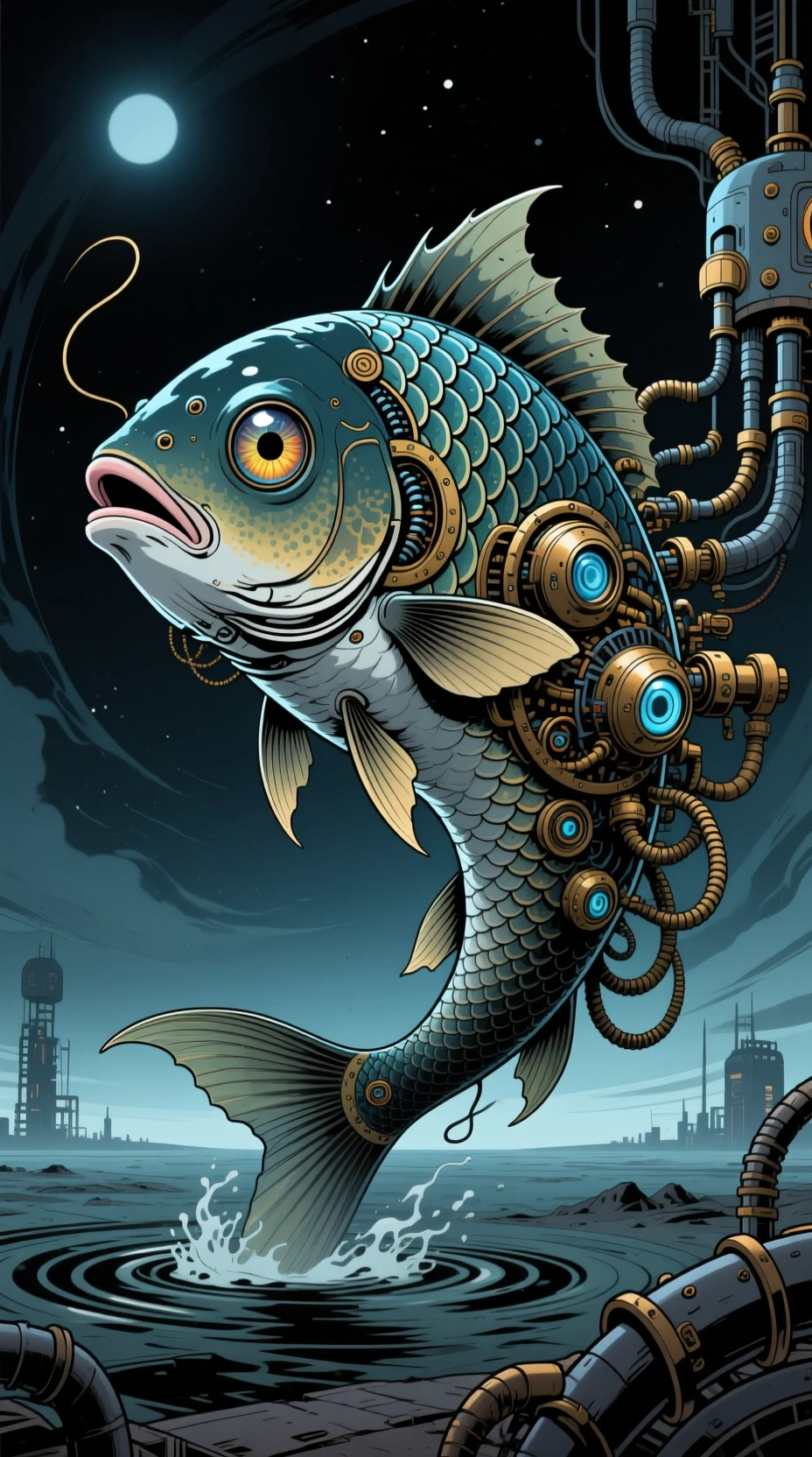 Peixe cibernético distópico emergindo de um horizonte escuro