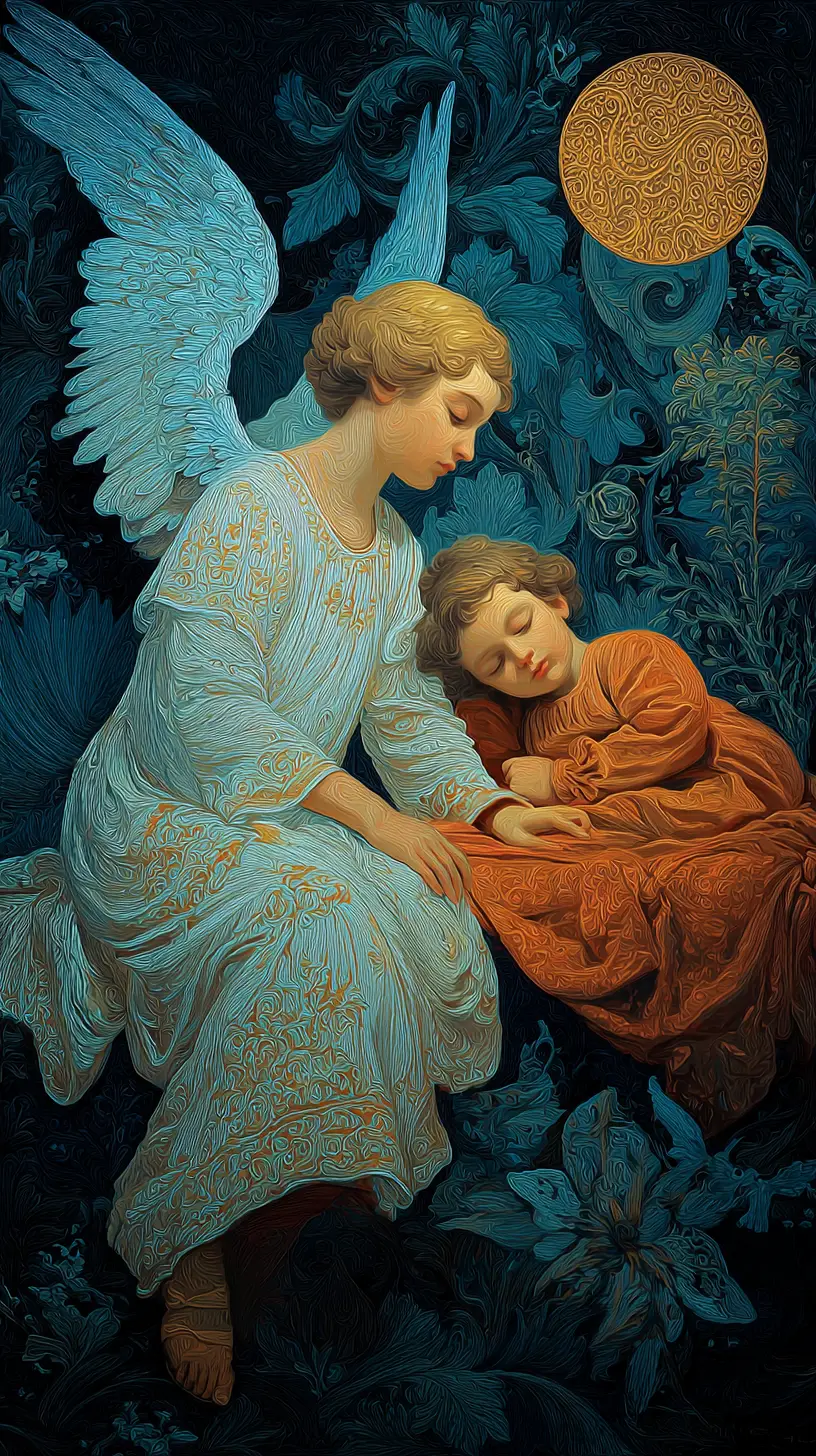 Guardian angel watching over a sleeping child in bed