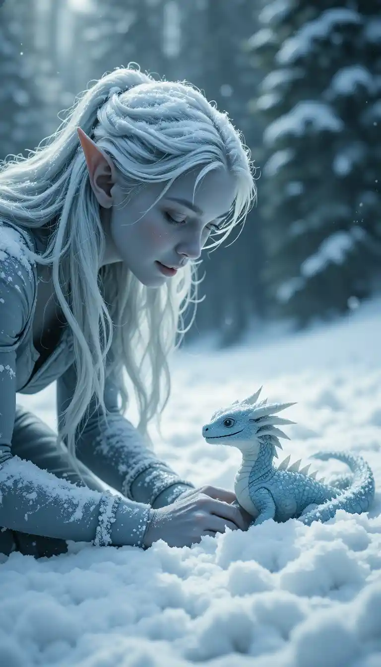Frost elf kneeling beside a smiling hatchling dragon