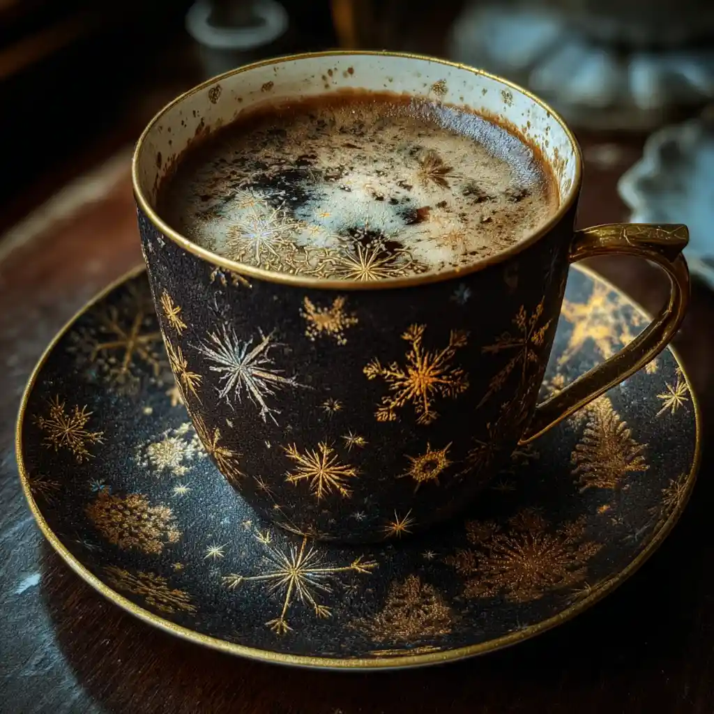 Tazza di caffè surreale con fiocchi di neve bianchi fluttuanti