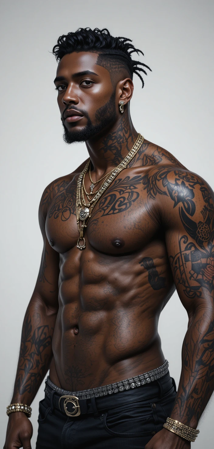 Uomo africano muscoloso con piercing al naso e braccia tatuate