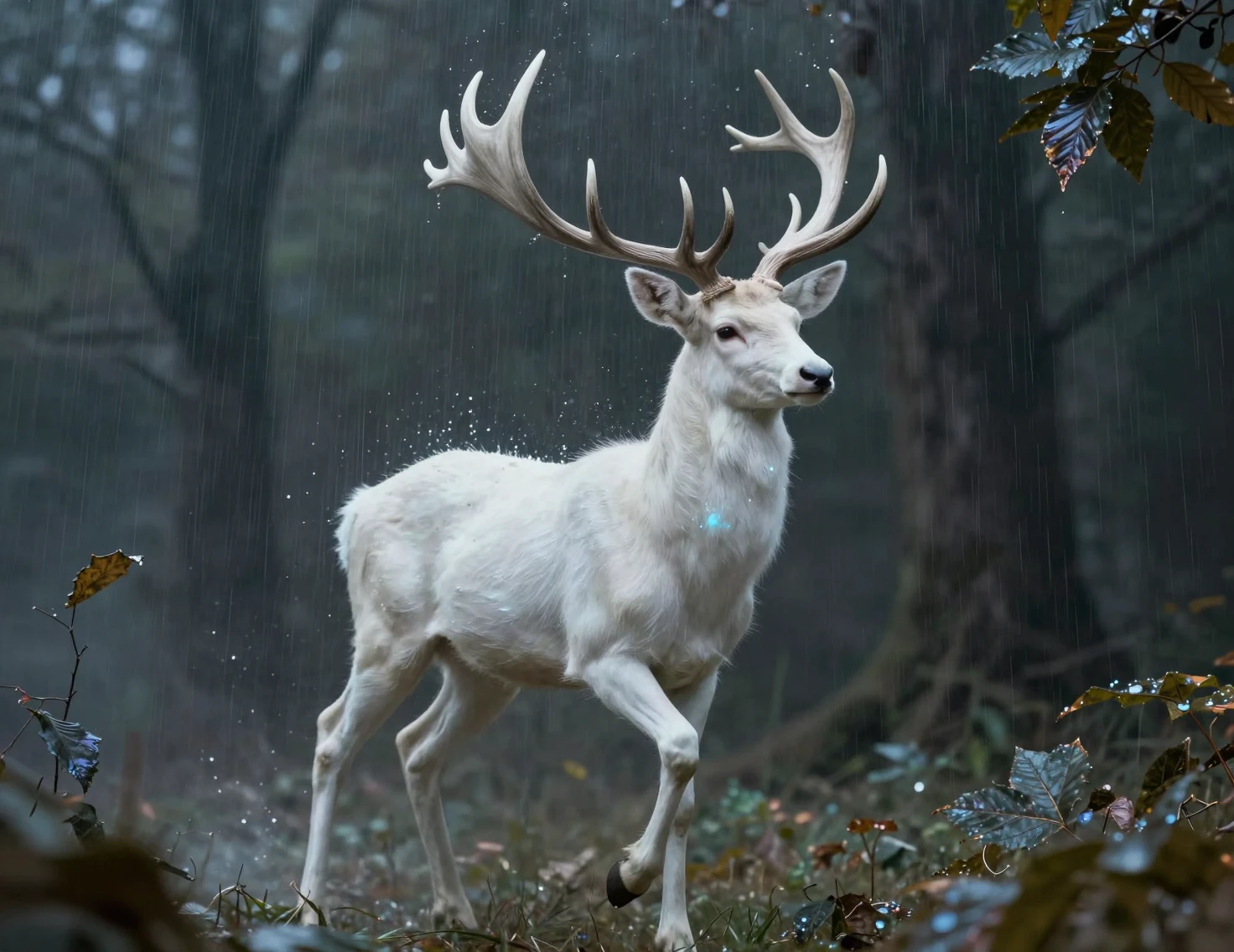 Majestoso cervo branco em uma floresta fantástica de sonho