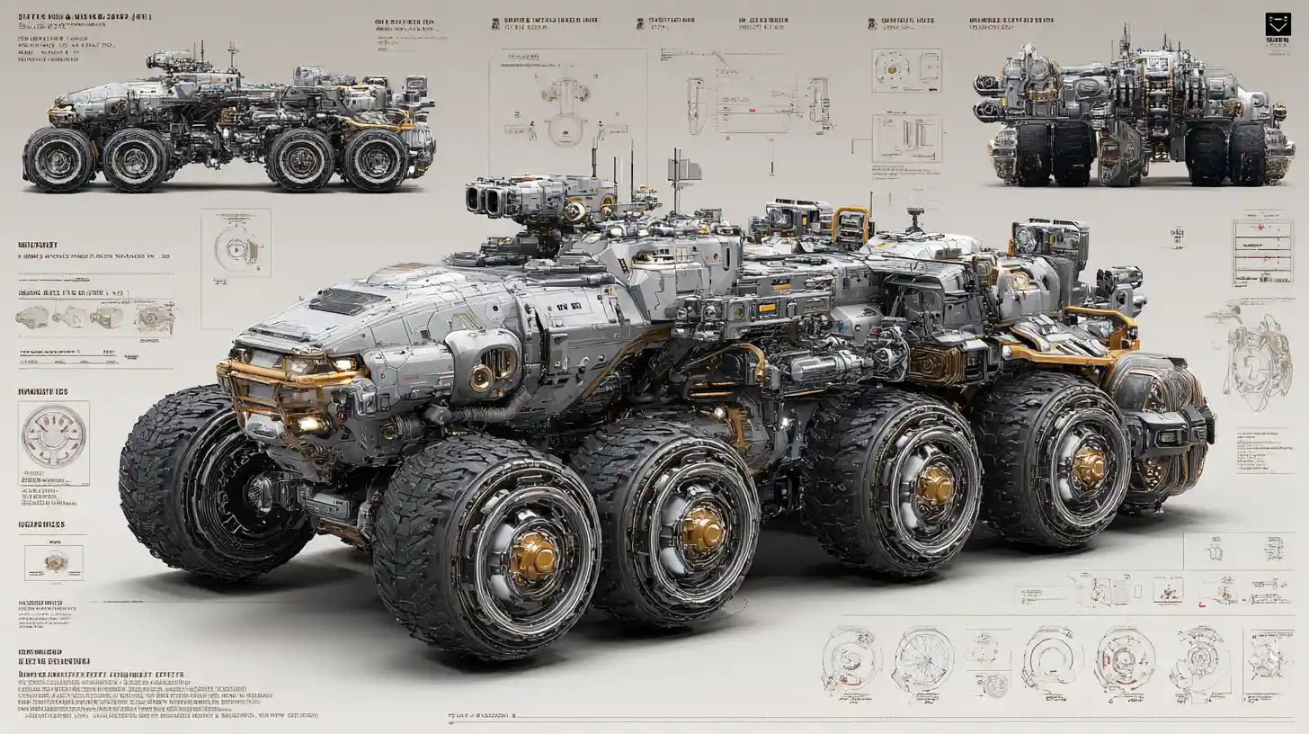 Futuristic armored battle vehicle engineering design layout