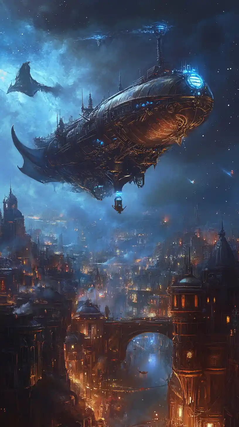 Enorme aeronave medieval com dragão sobre cidade mágica