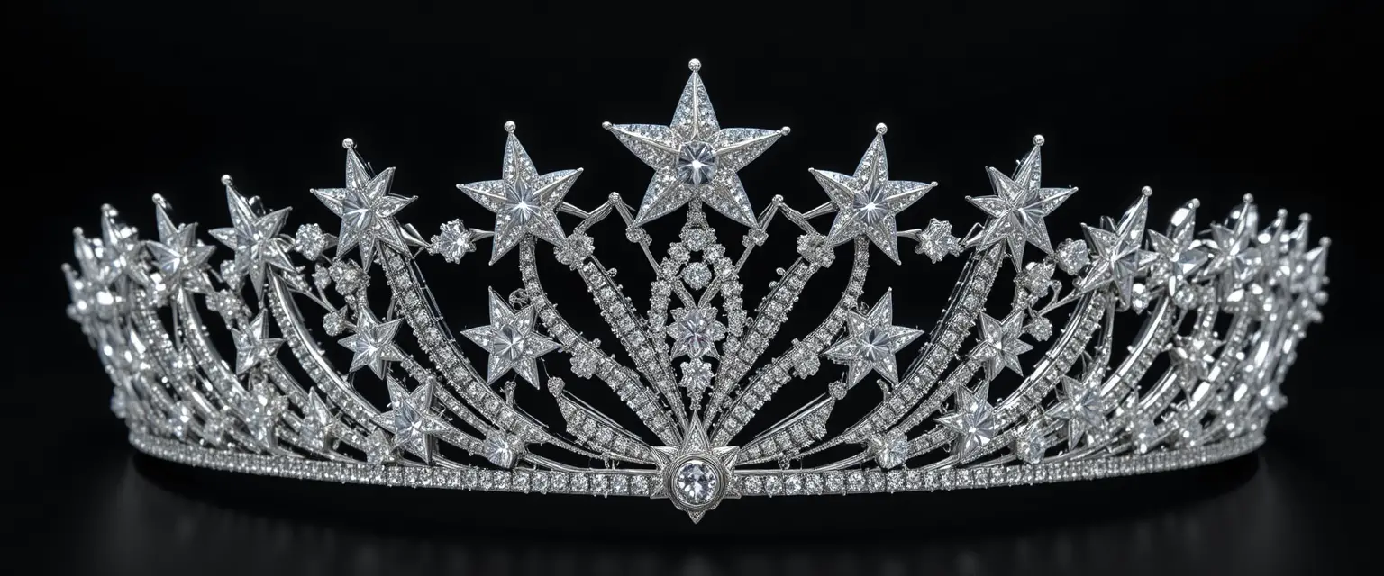 Tiara aus Weißgold mit Diamantsternen vor schwarzem Hintergrund