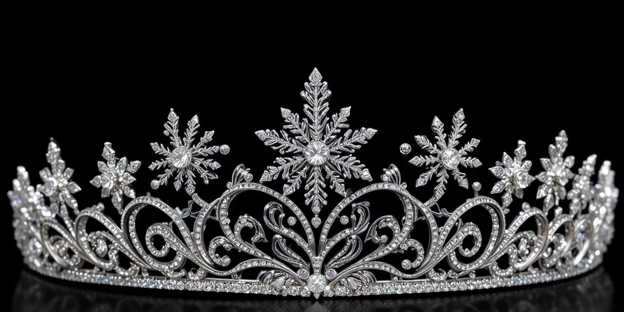 Tiara aus Weißgold mit Diamant-Schneeflocken auf schwarzem Hintergrund
