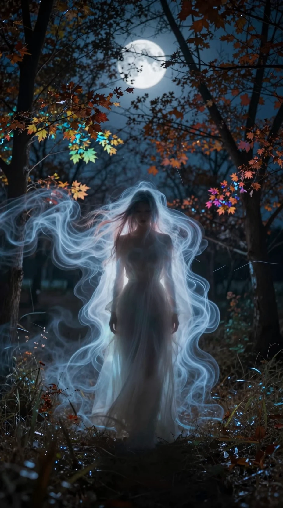 Ethereal spirit drifting through a shadowy luminous forest