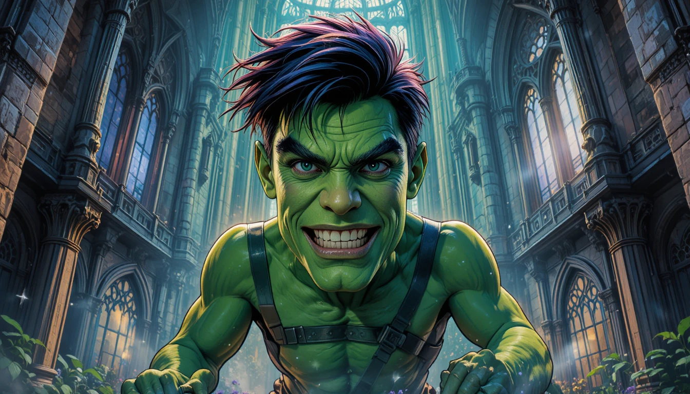Super-herói verde em ilustração em quadrinhos de castelo gótico
