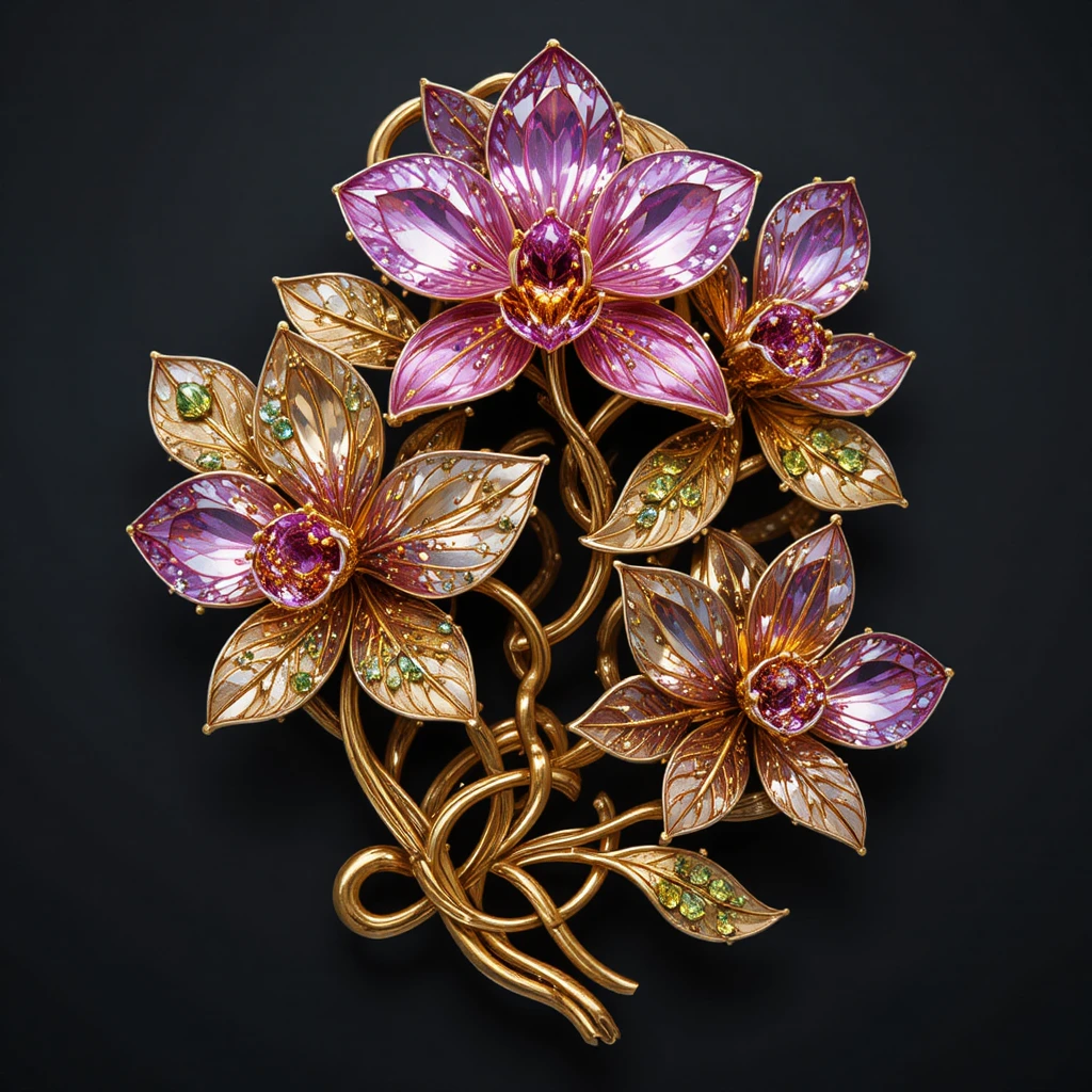 Broche de orquídea dourada com flores de gemas coloridas
