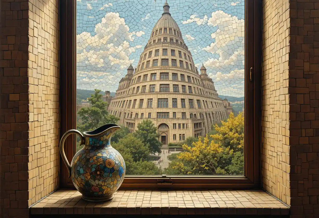 Oil painting of a vase on a windowsill with surreal tower