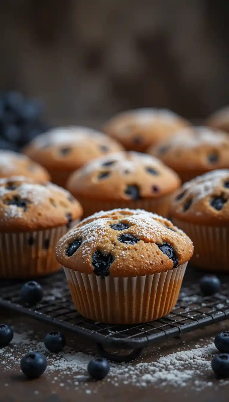Moody Close Up Of Powdered Blueberry Muffins On Rack