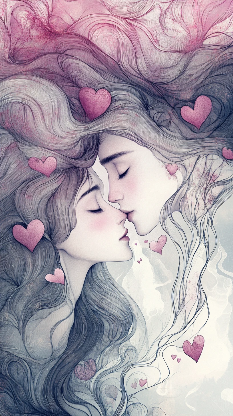 Coppia in line art eterea con volti e cuori intrecciati