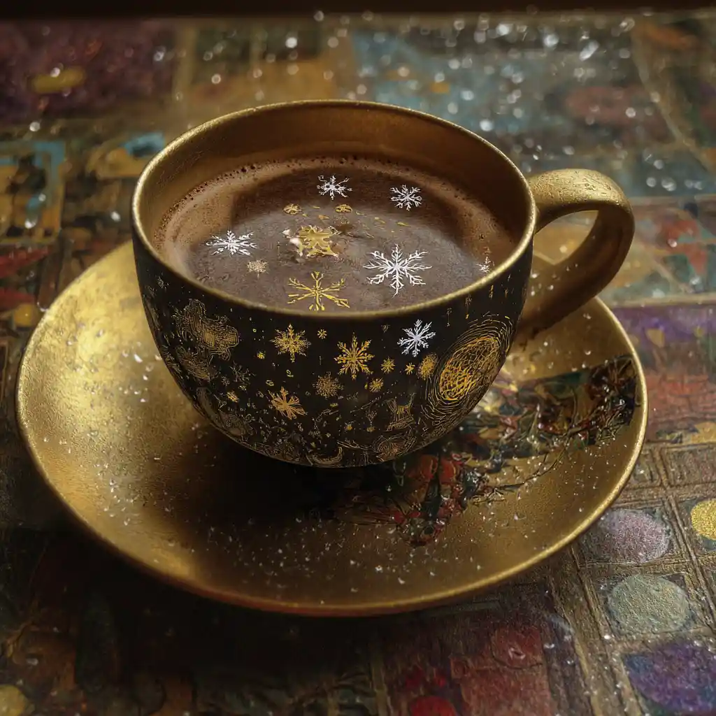 Surreal cup of coffee with floating milky snowflake shapes