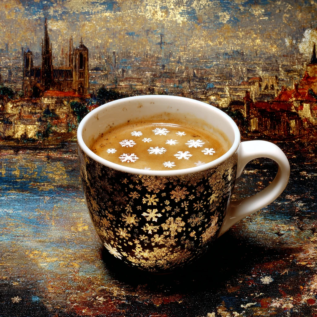 Tasse de café surréaliste avec des formes de flocons de neige lactés flottants