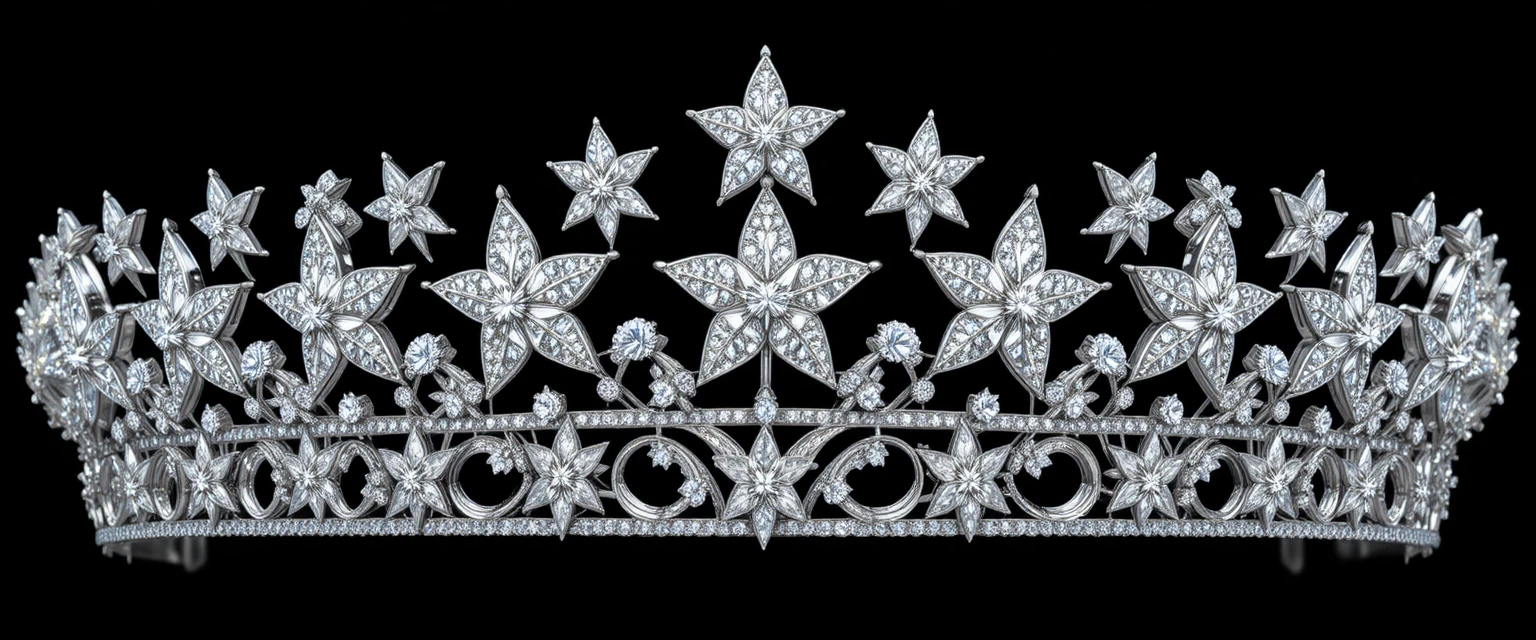 Weißgoldenes Diadem mit Diamantsternen auf schwarzem Hintergrund