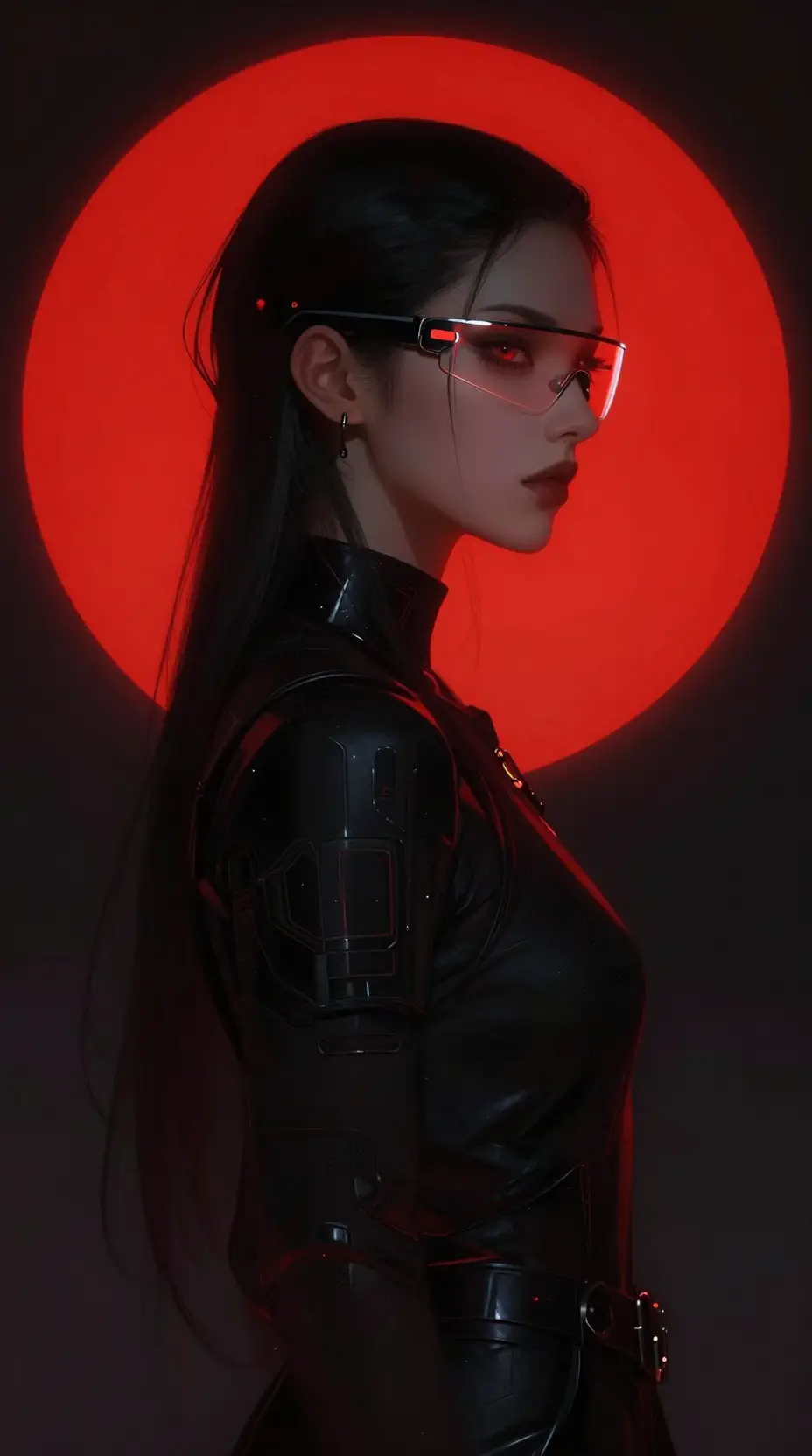 Androgynes Cyberpunk-Porträt mit leuchtendem karmesinrotem Kreis