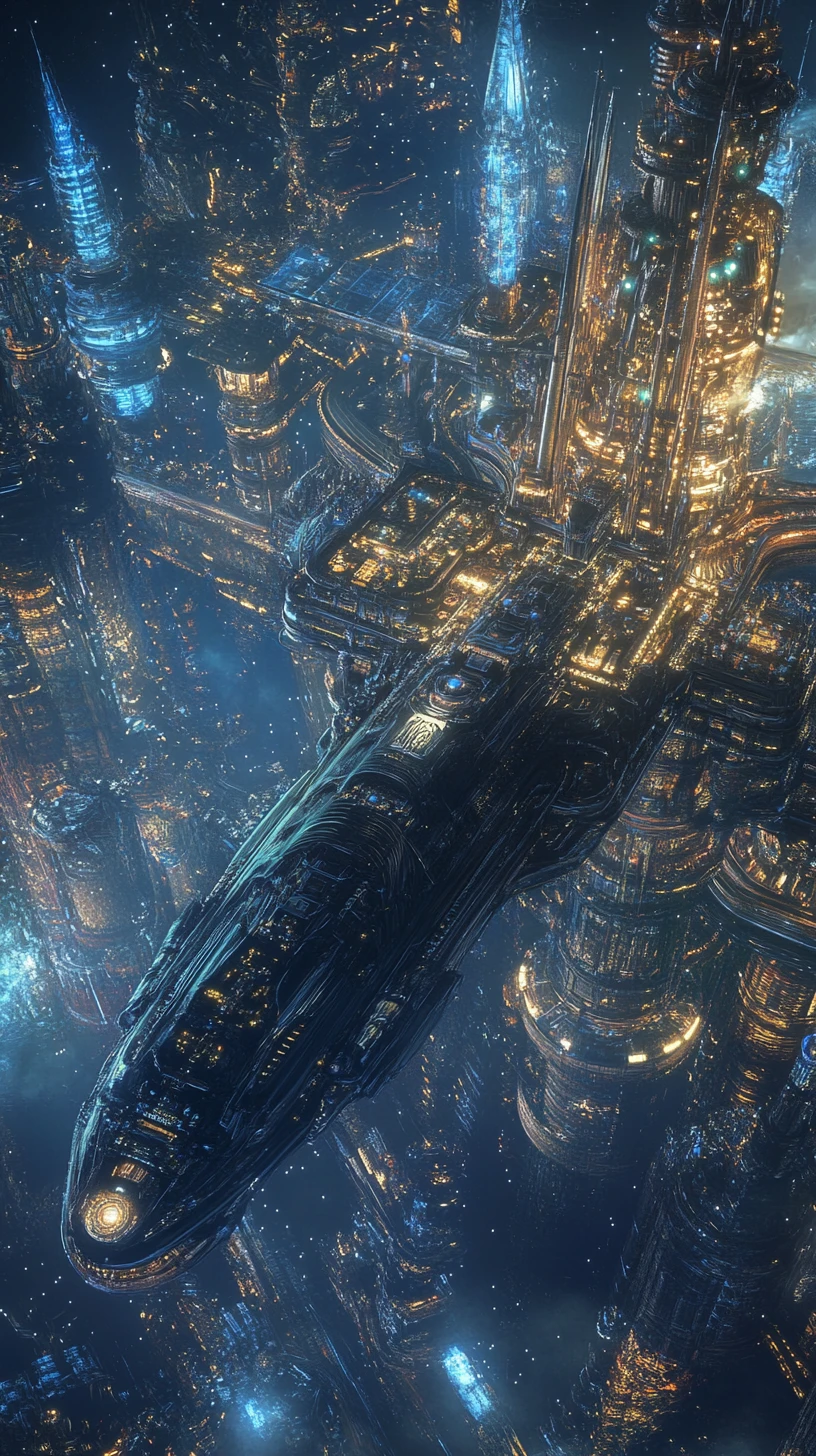 Dragão-dirigível futurista sobre uma cidade cyberpunk à noite