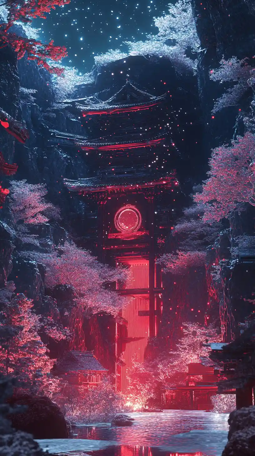Snowy fantasy Japanese palace with waterfalls and glowing trees