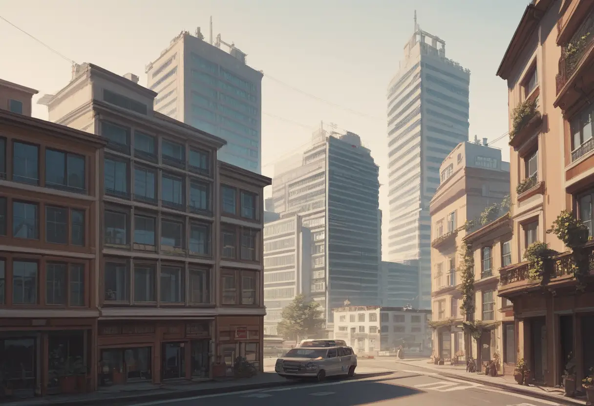 Vase auf einer Fensterbank mit futurischem tropfenförmigem Gebäude