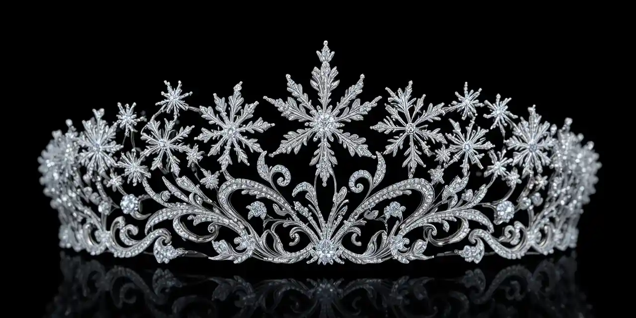 Tiara de oro blanco con copo de nieve de diamante y diseño de olas de ópalo