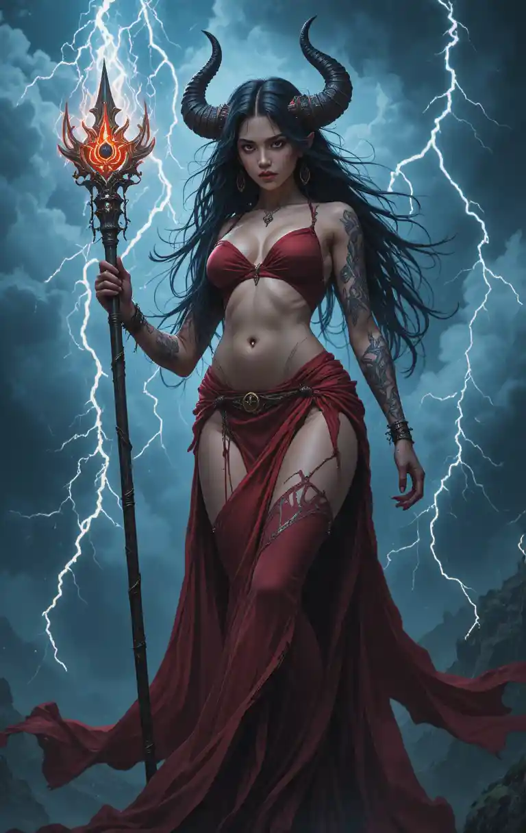 Horned demon woman with staff under stormy lightning sky